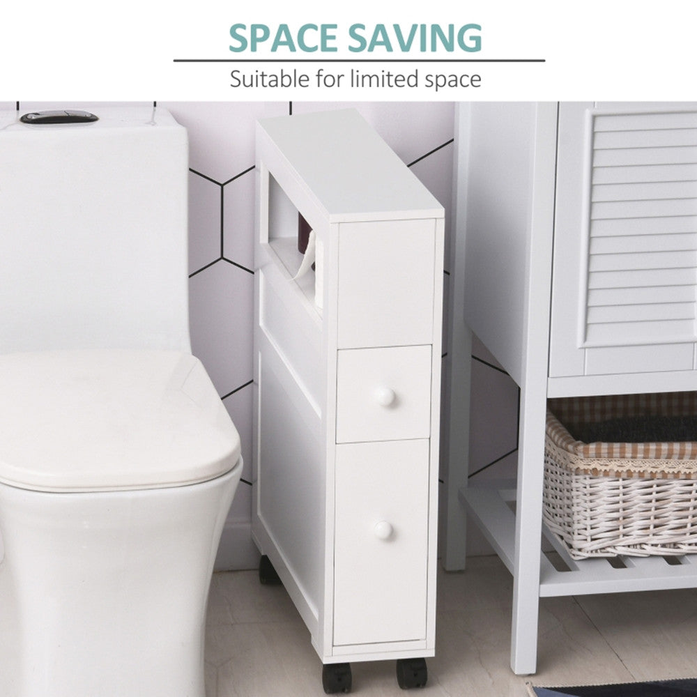 White portable bathroom side storage cabinet with drawers and wheels beside a toilet.