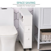 White portable bathroom side storage cabinet with drawers and wheels beside a toilet.