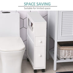 White portable bathroom side storage cabinet with drawers and wheels beside a toilet.