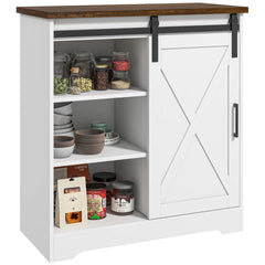 White kitchen sideboard cabinet with barn door, wood top, and open shelves displaying dishes and pantry items.