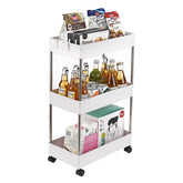 A white 3-layer storage cart with stainless steel frame, plastic shelves, wheels, and hooks for kitchen organization.
