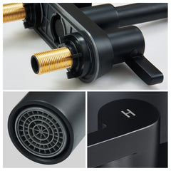 Matte black 2-handle centerset bathroom faucet with pop-up drain and gold accents.