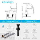 Diagram of matte black 2-handle centerset bathroom faucet dimensions, 3-hole installation, and features like swivel spout and pop-up drain.