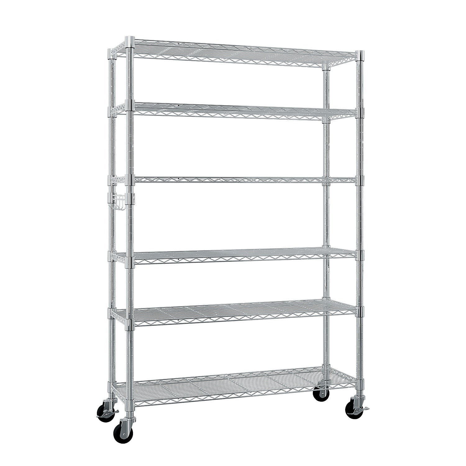 A 6-tier chrome steel wire shelving unit with wheels.