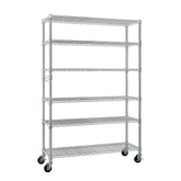 A 6-tier chrome steel wire shelving unit with wheels.