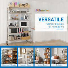 A 6-tier steel wire shelving unit with wheels, shown in various room settings.