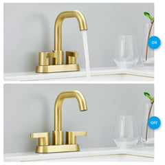 Brushed gold 2-handle centerset bathroom faucet with pop-up drain, shown off and on.