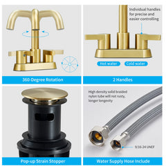 Brushed gold 2-handle centerset bathroom faucet with pop-up drain and supply hoses.