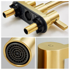 Brushed gold 2-handle centerset bathroom faucet with pop-up drain and swivel spout.