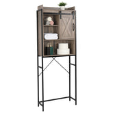 Retro gray MDF bathroom cabinet with sliding barn door, open shelves, and black metal frame.