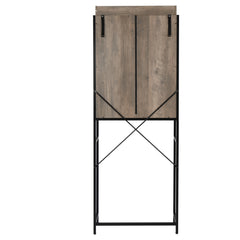 Tall retro gray MDF bathroom cabinet with sliding doors and black metal frame.