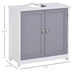 A white and gray under-sink bathroom storage cabinet with two doors and a U-shaped cutout.