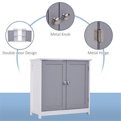 A white and gray under-sink bathroom storage cabinet with double doors, metal knobs, and hinges.