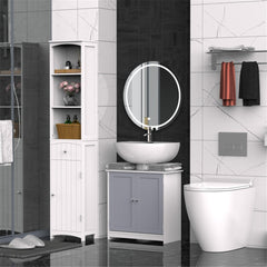 White and gray under sink bathroom storage cabinet with an adjustable shelf.