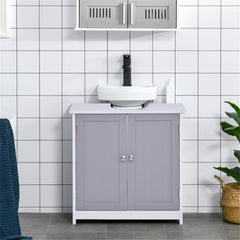 A white and gray under-sink bathroom storage cabinet with a white countertop and basin.