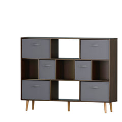 Brown wooden cube bookshelf with open shelves, fabric drawers, and tapered legs.