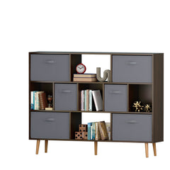 Brown wooden cube bookshelf with open shelves, drawers, and tapered legs.