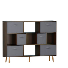 Brown wooden cube bookshelf with open shelves and drawers on tapered legs.