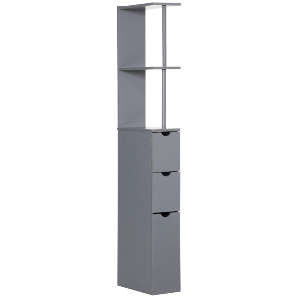 Slim grey bathroom storage cabinet with open shelves and three drawers.