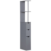 Slim grey bathroom storage cabinet with open shelves and three drawers.