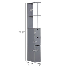 Slim grey bathroom storage cabinet with drawers and shelves, 53.75 inches tall and 6 inches wide.