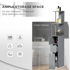 Slim grey bathroom storage cabinet with two open shelves, one cabinet, and two drawers.