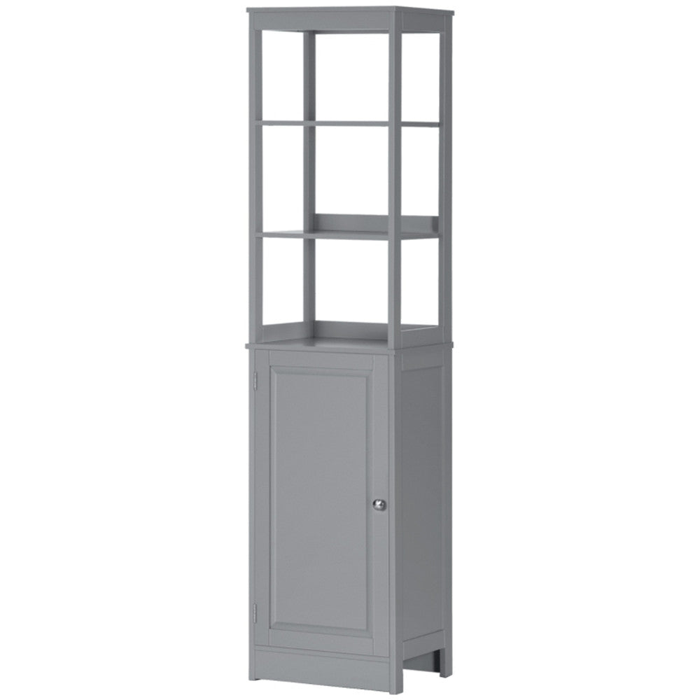 Tall narrow grey MDF bathroom storage cabinet with open shelves and enclosed door.