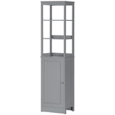 Tall narrow grey MDF bathroom storage cabinet with open shelves and enclosed door.