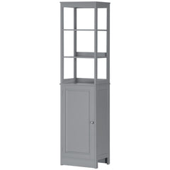 Tall narrow grey MDF bathroom storage cabinet with open shelves and enclosed door.