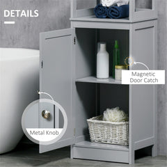 Grey MDF bathroom cabinet with open shelves, closed door, metal knob, and magnetic catch.