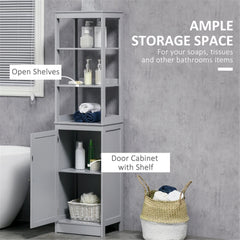 Tall narrow grey MDF bathroom storage cabinet with open shelves and door cabinet.