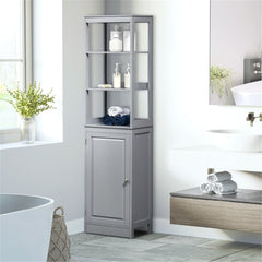 Tall narrow grey MDF bathroom storage cabinet with open shelves and enclosed door.