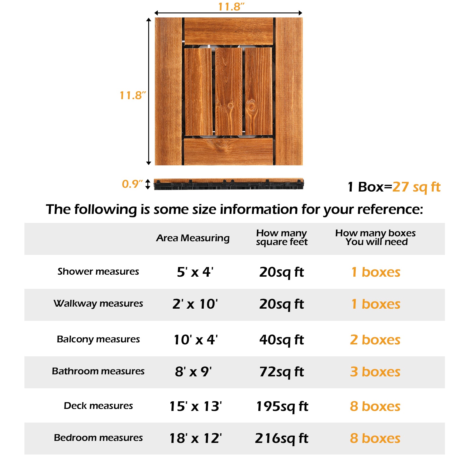 27 natural pine interlocking deck tiles, each 11.8x11.8 inches, covering 27 sq ft with size guide.