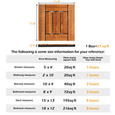 27 natural pine interlocking deck tiles, each 11.8x11.8 inches, covering 27 sq ft with size guide.