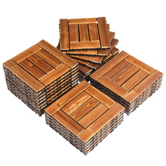 Stack of 27 natural pine interlocking deck tiles, each 11.8x11.8 inches.