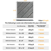 Diagram showing size and coverage of Bostome dark grey interlocking deck tiles, 11.8x11.8 inches, with area calculations for rooms.