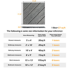 Diagram showing size and coverage of Bostome dark grey interlocking deck tiles, 11.8x11.8 inches, with area calculations for rooms.