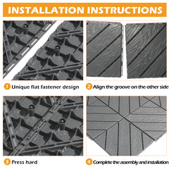 Infographic showing installation steps for dark grey interlocking plastic deck tiles.