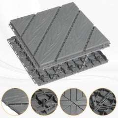 Nine dark grey interlocking plastic deck tiles, each 11.8x11.8 inches, shown stacked and detailed.