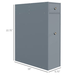 Gray MDF slide-out bathroom storage cabinet with drawers and knobs, measuring 19 by 22.75 by 6.75 inches.