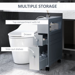 Gray MDF bathroom storage cabinet with slide-out shelves, drawer, and top lidded compartment on wheels.