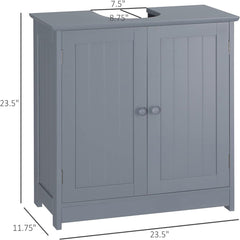 Grey MDF bathroom vanity cabinet with two doors, adjustable shelf, and dimensions shown.