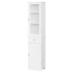 Narrow tall white MDF bathroom storage cabinet with glass doors, shelves, and drawer.