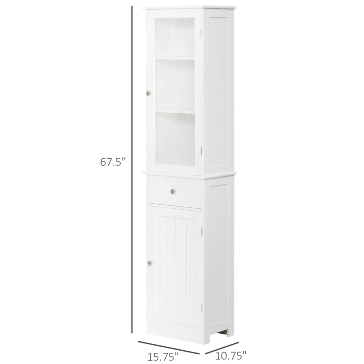 White MDF bathroom storage cabinet, 67.5 inches tall with glass doors, shelves, and drawer.