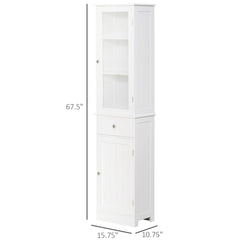 White MDF bathroom storage cabinet, 67.5 inches tall with glass doors, shelves, and drawer.
