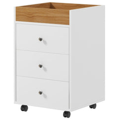 White melamine bathroom storage cabinet with three drawers, wooden top, and locking casters.