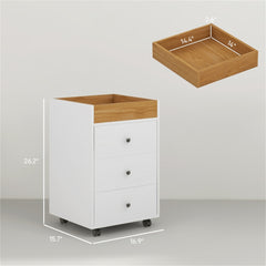 White melamine bathroom storage cabinet with three drawers, wooden top tray, and locking casters.