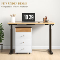 White melamine bathroom storage cabinet with three drawers and locking casters.