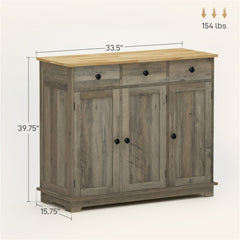 Distressed gray rubberwood sideboard with three drawers, three cabinets, and dimensions shown.