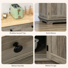 Distressed gray rubberwood sideboard with drawers, cabinets, and solid base.